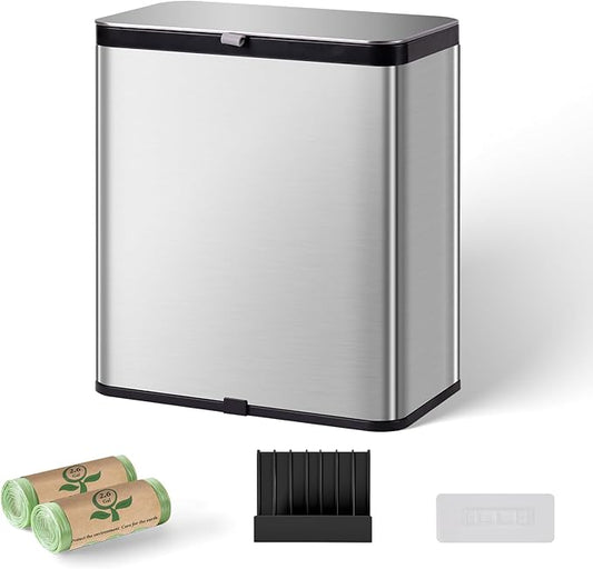 Compost Bin Kitchen, 2.1 Gallon Stainless Steel Trash Can with Lid for Countertop or Under Sink, Hanging Small Trash Bin, Removable Inner Bucket, Built-in Charcoal Filter, 60 Compostable Garbage Bags