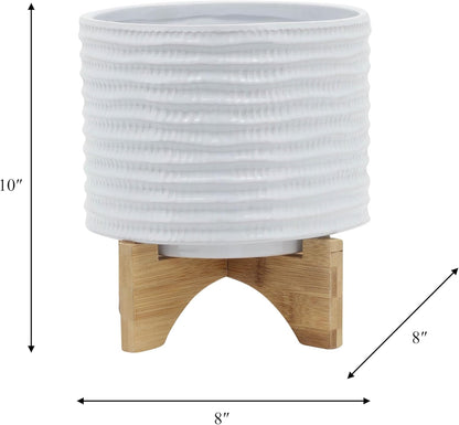 Ceramic Planter with Bamboo Stand – Modern Home Decor Indoor Plant Pot with Textured Stoneware Design – Decorative Planter with Legs for Living Room, Bedroom, Office, Patio, or Garden - 8", White
