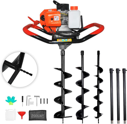 62cc 2.8HP Post Hole Digger Gas Powered, Gas Earth Auger/Ice Auger, with 2 Drill Bits 3"/6"/8" + 3 Extension Bar, One Man Earth Auger for Planting Fence, EPA Compliant Post Hole Auger
