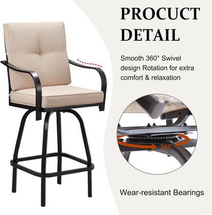 Patio Swivel Bar Stools, Outdoor High Back Swivel Bar Chair Set of 4 with Cushion & All Weather Steel Frame for Backyard, Lawn, Poolside and Balcony, Beige
