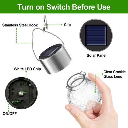 Solar Lights Outdoor Hanging Decorative Globe 8 Pack, Waterproof Solar Lantern with Handle and Clip, Solar Powered Glass Ball Lights for Garden Yard Fence Tree Umbrella Holiday Décor, Cold White
