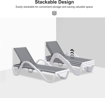 PURPLE LEAF Patio Chaise Lounge Chair Set of 3 Outside Aluminum Plastic Stackable Tanning Chairs with Armrests and Side Table for Pool Sunbathing Beach Deck Outdoor Lounger, Light Gray