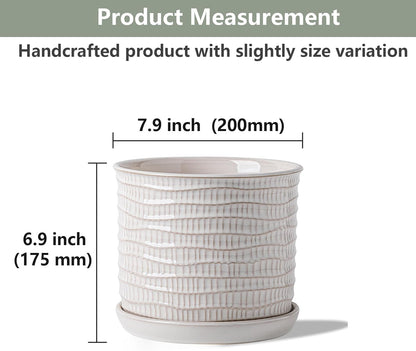 8 Inch Plant Pot: Ceramic Planter with Drainage Hole & Saucer for Indoor Outdoor Plants - Flowerpot with Bonded Tray for Home Office - Wave Embossed