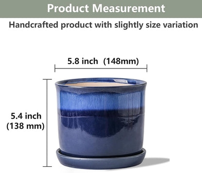 5.8 Inch Plant Pot: Ceramic Planter with Drainage Hole & Saucer for Indoor Outdoor Plants - Flowerpot with Bonded Tray for Home Office - Blue Reactive Glaze