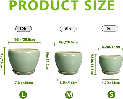 Ceramic Pots for Plants - 10/8/6 Inch Flowers Planters with Drainage Holes and Saucers for Indoor Outdoor, Decorative Modern Home House Office Room Decor, Set of 3, Green