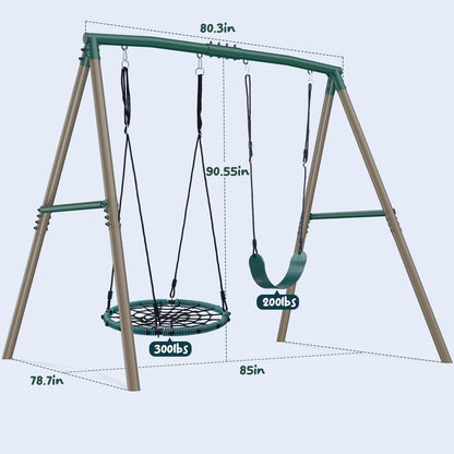 Hapfan 7.5ft Tall Swing Sets for Backyard, 500lbs Heavy Duty Swing Set for Kids and Adults with Spider Swing and Belt Swing, Outdoor Playground Sets for Backyards(Green and Brown)