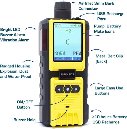 Hydrogen Gas Analyzer by Forensics | USA NIST Calibration |Range: 0-1000ppm | Resolution: 1ppm | Built-in Pump & 4ft Probe |