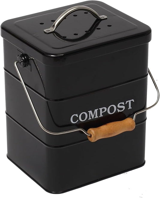 Compost Bin Kitchen Countertop Indoor Compost Pail Bucket, Great for Food Scraps, Carbon Steel, Handles, Black, 1 Gallon - Includes Charcoal Filter