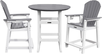 Tall Adirondack Chairs Patio Bar Tables Set of 3, Weather Resistant HDPE 35" Round Outdoor Bar Adirondack Barstools Plastic Height Table Pub, for Garden, Backyard, Yard, Pool, Fire, Pit (Grey)