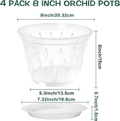 Orchid Pot, 8 Inch 4 Pack Orchid Pots with Holes and Saucers, Clear Plastic Orchid Pots