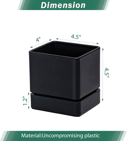 4 Inch Herb Planter Pot, Plastic Planter with Drainage Holes and Saucer, Modern Decorative Gardening Pot for Indoor Plants, Flowers, Herbs, Succulents, Black, Set of 1, 76-Y-B-1