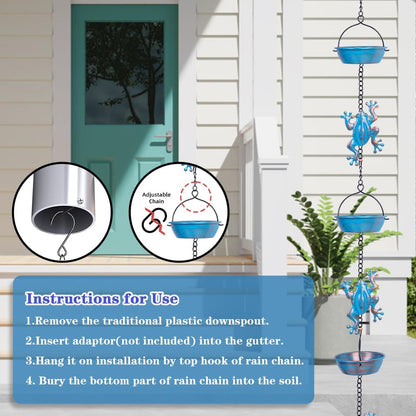 Rain Chain, 11.4FT Frog Rain Chains with 12 Cups, Functional and Decorative Replacement Downspout Rain Chains for Outside