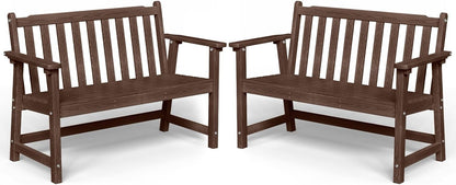 Outdoor Bench, 2-Person HDPE Garden Bench, All Weather Poly Patio Bench for Outdoors, Garden, Backyard, Porch and Park, 550 lbs Weight Capacity, Brown, 2 Pack