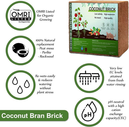 Premium Coco Coir Brick, 11Lbs High Nutrient Compressed Coconut Soil, OMRI 100% Organic Low EC & PH Balanced Potting Soil for All Plants Gardening, Hydroponics and Reptile Substrate 1-Pack
