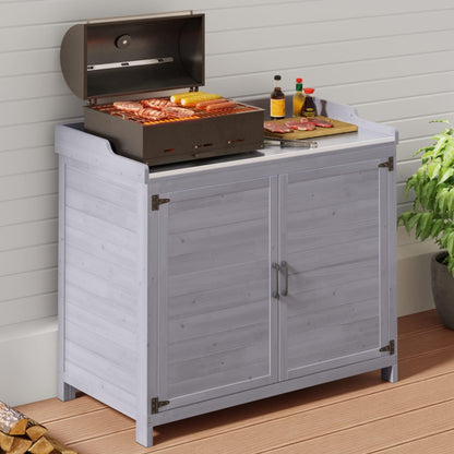 Gizoon Outdoor Potting Bench with Metal Tabletop, Outdoor Garden Patio Wooden Storage Cabinet with Adjustable Shelf, Double Doors Garden Work Bench for Backyard, Patio, Lawn - Grey