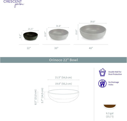 Crescent Garden Orinoco Planter Bowl – Double-Walled Resin Pot for Succulents, Flowers Without Drain Hole - 21" W x 8.25" H (Weathered Concrete)