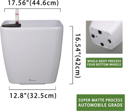 Dexceder 18x17 Self Watering Planter with Wheels Indoor Outdoor, Inner Mat Design, Thickened Large Floor Standing Flower Plant Pot with Water Level Indicator (White Matte)