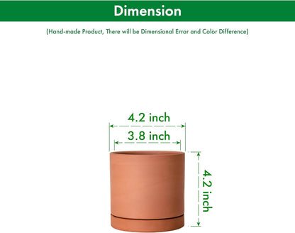 D'vine Dev X-Small 4 Inch Terracotta Plant Pot with Drainage Hole and Saucer, Round Cylinder Planter Pot for Indoor Plants, Set of 2, 40-X-B-1
