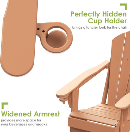 GREENVINES Folding-Adirondack-Chairs-Set-of-4 | HDPE Plastic | Fire Pit Chair | All Weather | Cup Holder | Teak | for Deck Backyard Patio Outdoor Garden