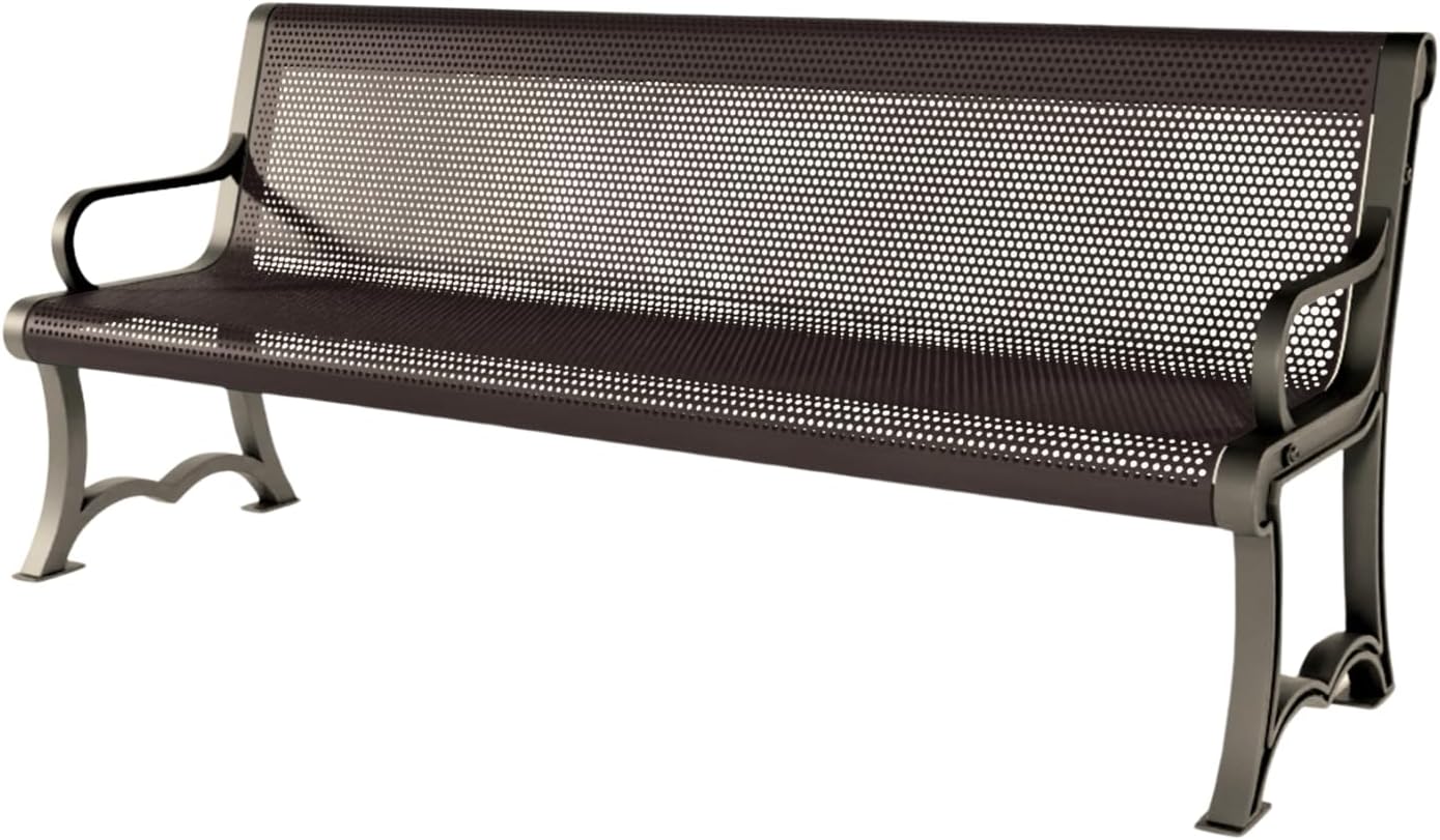 Coated Outdoor Furniture Heavy-Duty Outdoor Bench Thermoplastic Coated, Punched Steel, Commercial-Grade Garden Bench, Made in America (Portable with Back, 6 Ft, Brown)