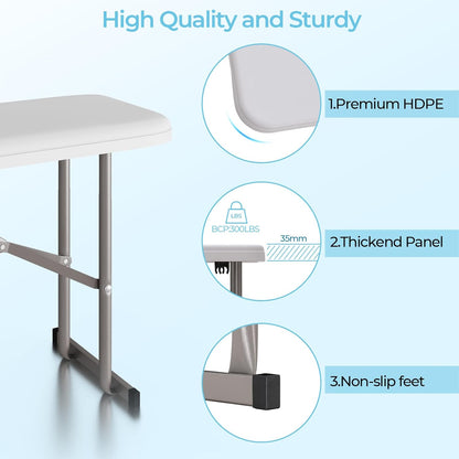 6ft HDPE Folding Bench, Foldable Seat with Sturdy Frame and Security Lock for Indoor and Outdoor, Multipurpose Entertaining Activities, Portable and Easy to Store, 2 Pack, White