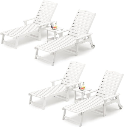 LUE BONA Chaise Lounge Chairs Set with Table, 6-Piece, 79'' Oversized HDPS Chaise Lounger, 5 Positions Adjustable Lounge Chairs, Pool Lounge Chair with Wheels for Poolside, 3 Year Warranty, White