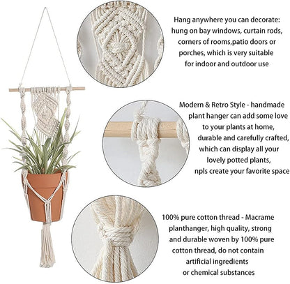 Boho Macrame Plant Hangers - Handmade Hemp Rope Hanging Baskets for Plants with Ceiling Hooks, Bohemian Home Decor Wall Art