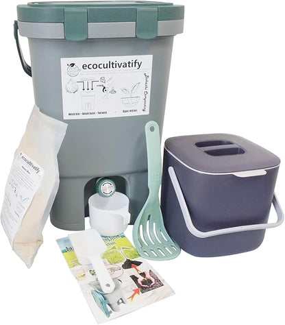 18.8L Bokashi Bucket with Snap-Locked Lid, 5 Gallon Compost Bin, Kitchen Composter with Bran, Kitchen Compost Pail, ecocultivatify Bokashi Kit Set with Starter (Grey & Dark Green)
