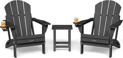 MUCHENGHY Folding Adirondack Chairs and Table Set, Outdoor Chair, Adirondack Chair Plastic, Fire Pit Chair, Weather Resistant with Cup Holder for Deck, Backyard, Garden(Black, 3-Piece)