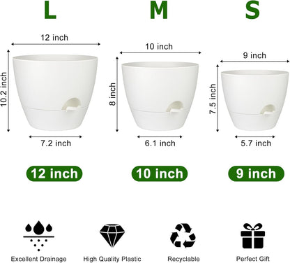 Plant Pots 12/10/9 Inch Self Watering Pots, Set of 3 Plastic Planters with Drainage Holes and Saucers,Plastic Flower Pots,Nursery Planting Pot for Indoor Out Door Plants(Pure White)