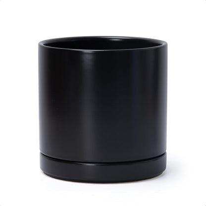 D'vine Dev 8.2 Inch Ceramic Planter Pot with Drainage Hole and Saucer, Indoor Cylinder Round Planter Pot, Black, 94-O-D-2