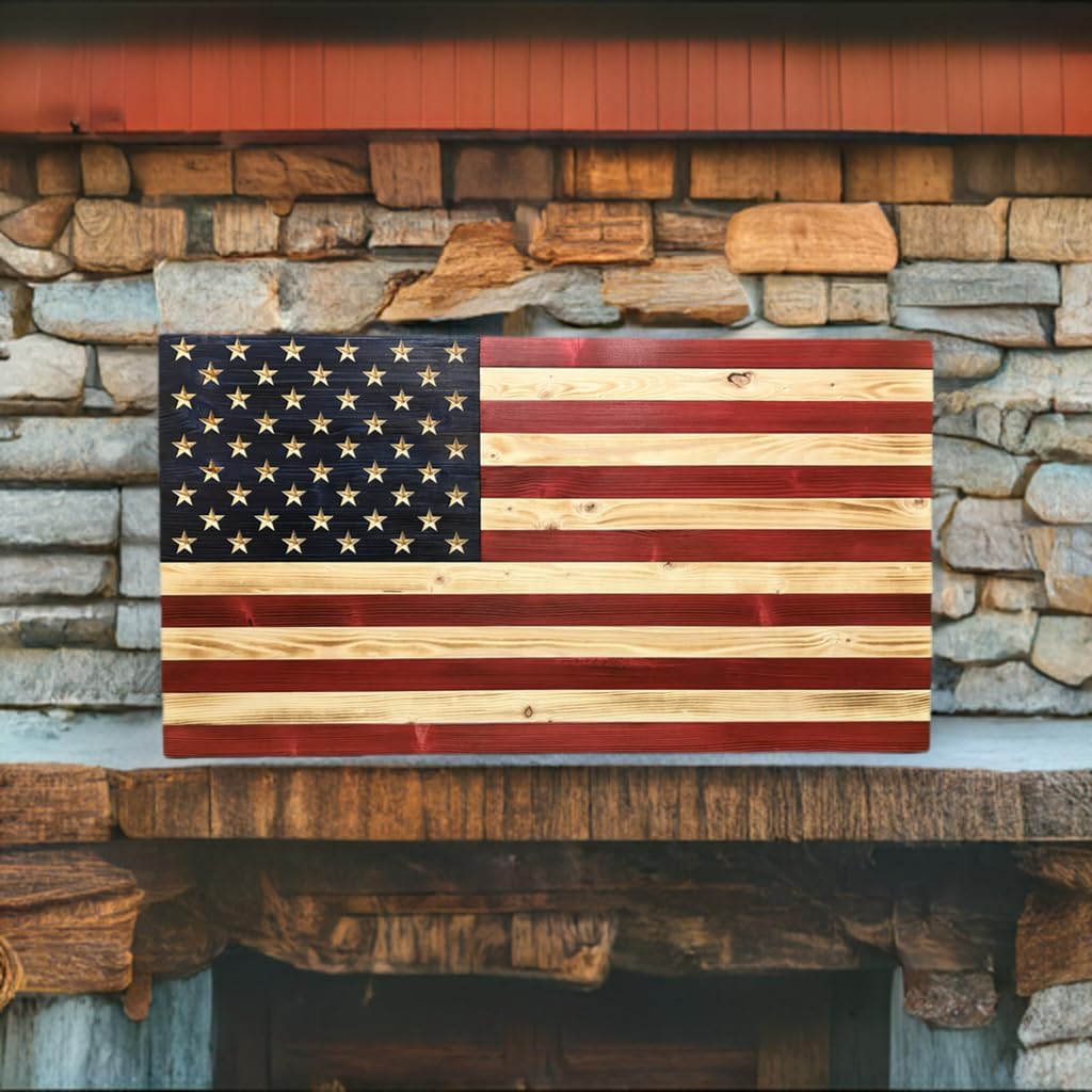 Rustic Wooden American Flag, Patriotic Wall Art (Weather Protected Finish, 34x65)