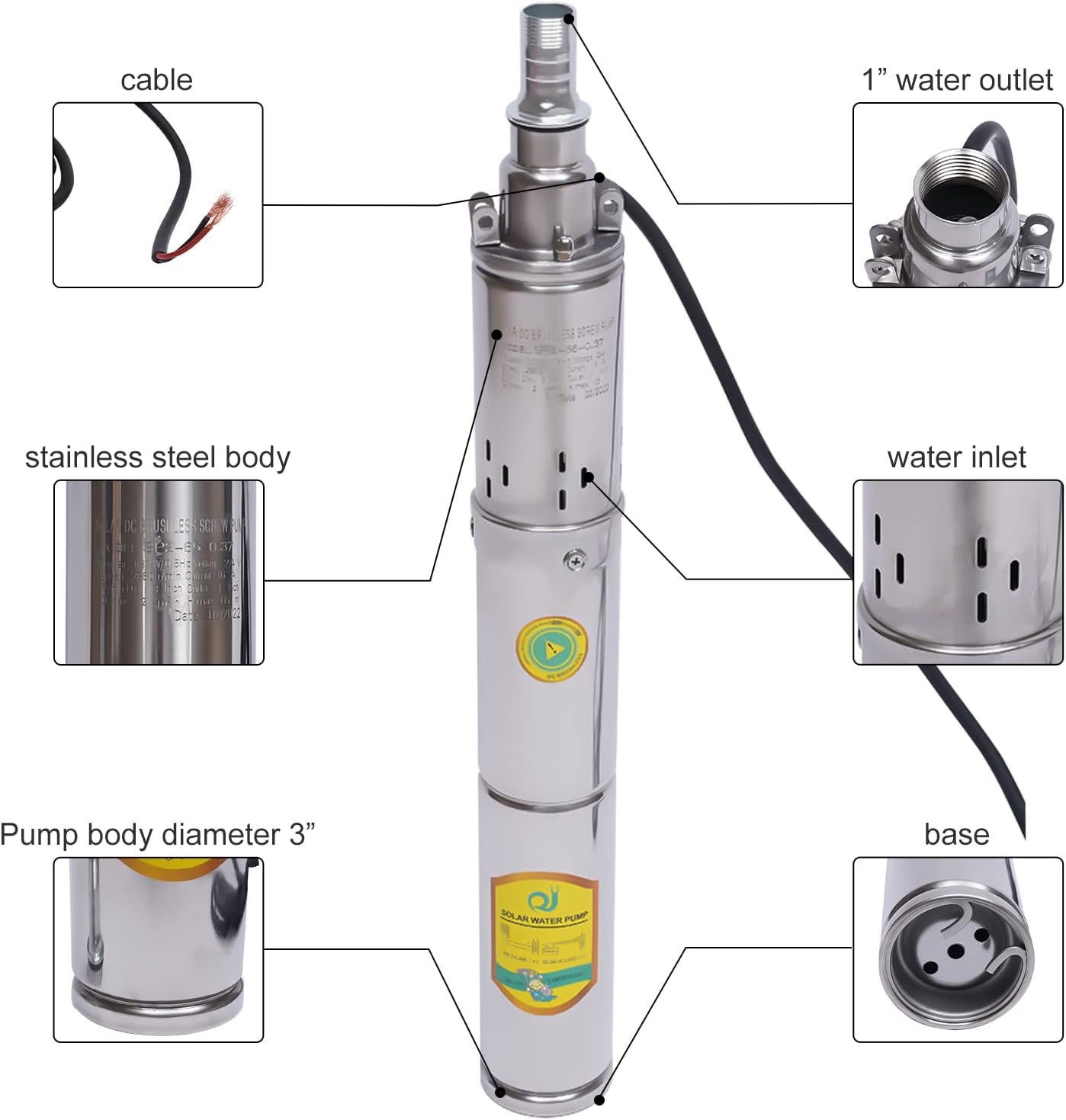 Submersible Deep Well Solar Water Pump DC 24V 370W Stainless Steel Agricultural Irrigation Screw Pump, 213ft Lift, 8.8GPM Flow, Solar Water Circulating System