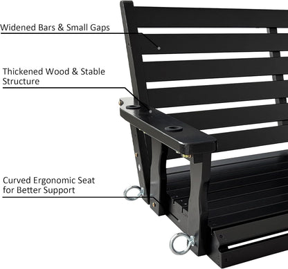 Wooden Porch Swing, Ergonomic Seat, Bench Swing with Hanging Chains and 7mm Springs, Heavy Duty 880 LBS, for Outdoor Patio Garden Yard (Matte Black, 3-Seater Extra Large)