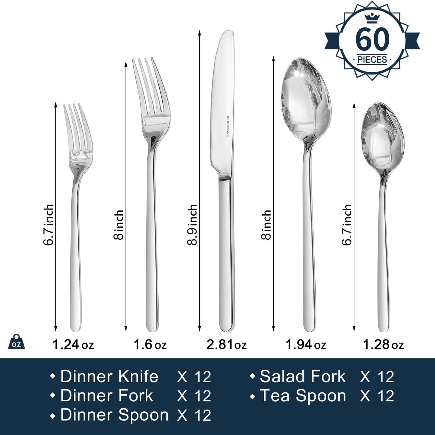 KINGSTONE Silverware Sets, 60 Piece Flatware Set for 12, 18/10 Stainless Steel Cutlery Set Mirror Polished Modern Design Dishwasher Safe
