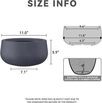 Kante 11.8" Dia Round Concrete Planter, Cement Plant Pots with Drainage Hole and Rubber Plug for Outdoor Indoor Garden Home, Modern Curvaceous Design, Dark Gray