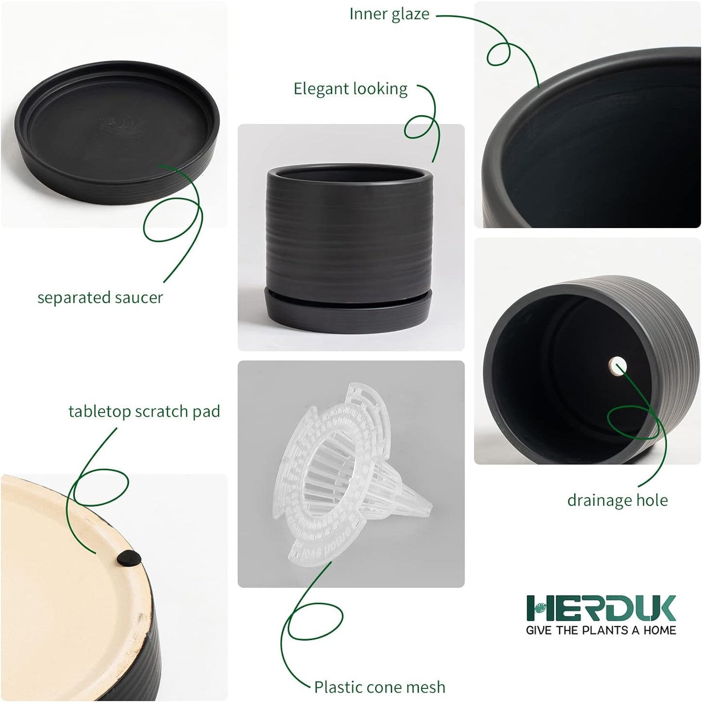 8 Inch Pots for Plants, Ceramic Planter Pot with Drainage Hole & Saucer, Indoor/Outdoor Cylinder Round Planter Pot, Matte Black