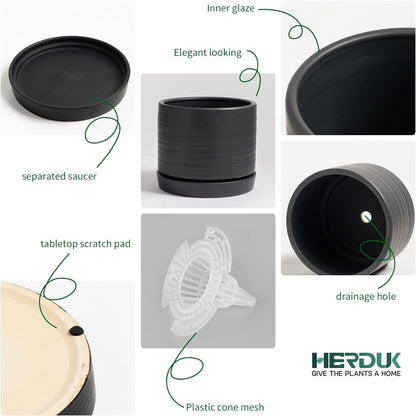 8 Inch Pots for Plants, Ceramic Planter Pot with Drainage Hole & Saucer, Indoor/Outdoor Cylinder Round Planter Pot, Matte Black