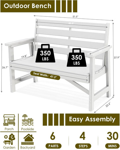 GREENVINES Outdoor Bench | HDPE | Garden Benches | All Weather | for Outdoors Patio Park Porch Outside Backyard | 2-Person | White