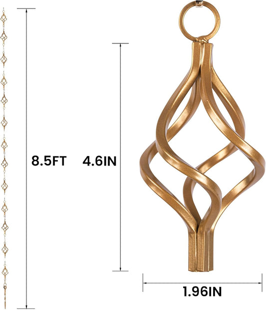 Rain Chain Bird Cage Set 8.5Ft, Not Rust Wrought Iron Rain Chains for Gutters with Adapter Gotta Drain and Rain Sturdy Anchoring Stake,13 Birdcage, 1 Hook, Adjustable Length for Garden (Gold)