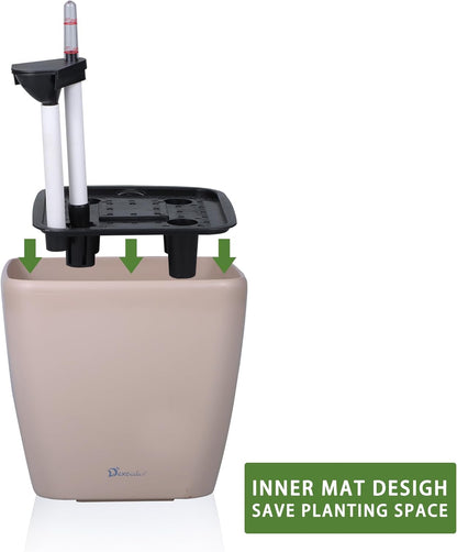 Dexceder 11x10 Self Watering Planter Indoor Outdoor, Inner Mat Design, Thickened Table Flower Plant Pot with Water Level Indicator (Taupe Matte)