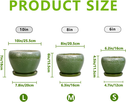 Ceramic Pots for Plants, 10+8+6 Inch Round Decorative Planters for Indoor Outdoor with Drainage Holes and Saucers, Office Garden Room Patio Decor, Gifts for Plant Lovers, Set of 3, Green
