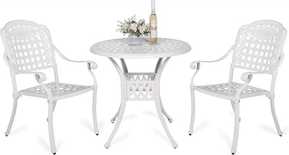 VIVIJASON 3-Piece Outdoor Patio Bistro Set, All-Weather Cast Aluminum Furniture Dining Sets Include 2 Chairs and 31" Round Table w/Umbrella Hole for Balcony, Lawn, Garden, Backyard, White