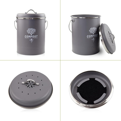 Kitchen Countertop Compost Bin, Odor Resistant Indoor Compost Bin with Lid and Charcoal Filter, Rust Resistant Coated Compost Bucket, Compost Container, Gray