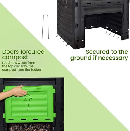 EJWOX 80 Gallon (300L) Large Capacity Static Compost Bin - Forest Green Outdoor Waste Composter with Easy-Access Hatch, Efficient Aeration System for Fast Organic Fertilizer, Sturdy Design