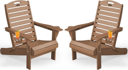 Adirondack Chairs Set of 2, Outdoor Fire Pit Chairs, HDPE All-Weather Adirondack Chairs with Cup Holder, Lawn Chair for Deck, Patio, Garden (Teak)