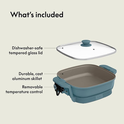 bella Make & Take Electric Skillet, Fits-anywhere™ kitchenware, EverGood™ Ceramic Coating, Adjustable Temperature & Dishwasher-Safe Tempered Glass Lid, Cast Aluminum Base, 1200 Watt, Surf