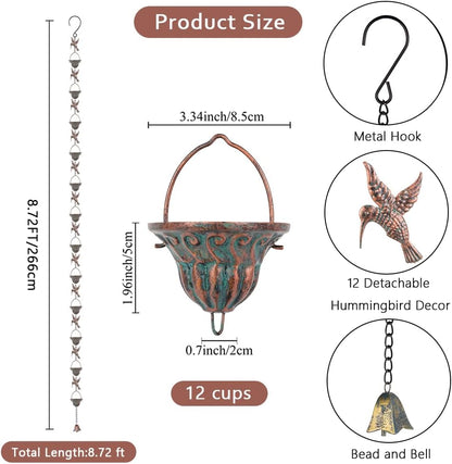 Rain Chain for Gutters, 8.7 Ft Rain Chains with 12 Cups & Detachable Hummingbird Decor, Adjustable Rain Catcher Chain with Bell for Eaves Drainage, Replacement for Downspout