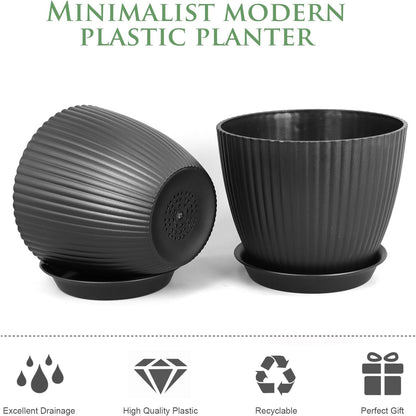 7/6.2/5.5/5/4.5/4 inch Flower Pots, 6 Pack Plant Pots for Small Indoor Outdoor Plants, Plastic Planters with Drainage Holes and Saucers for Garden Succulent House Plants, Black