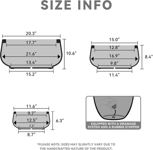 Kante 21.6",16.9",and 12.5" Dia Round Charcoal Elegant Planters (Set of 3), Outdoor Indoor Garden Plant Pot with Drainage Hole and Rubber Plug for Home & Patio